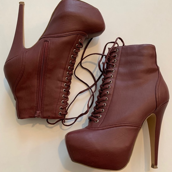 Burgandy High-Heel Booties, Size 7 - Picture 1 of 5
